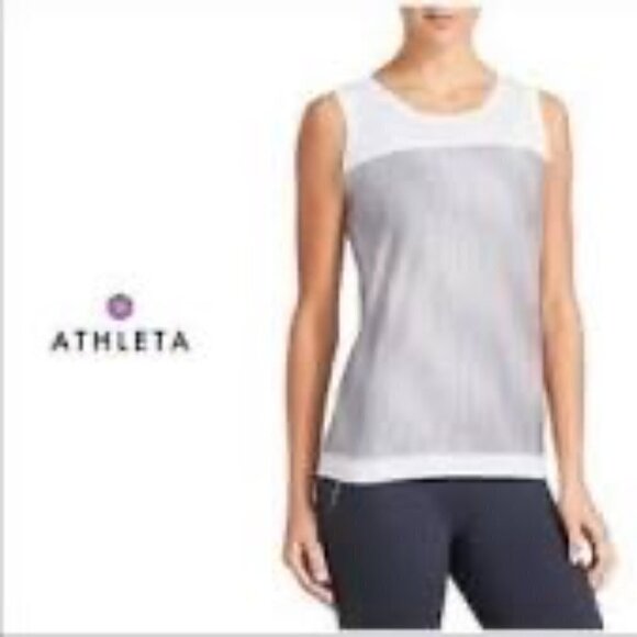 Athleta Mobilize Mesh Sports Tank Grey and White Stripe in Front White in Back - Picture 1 of 9